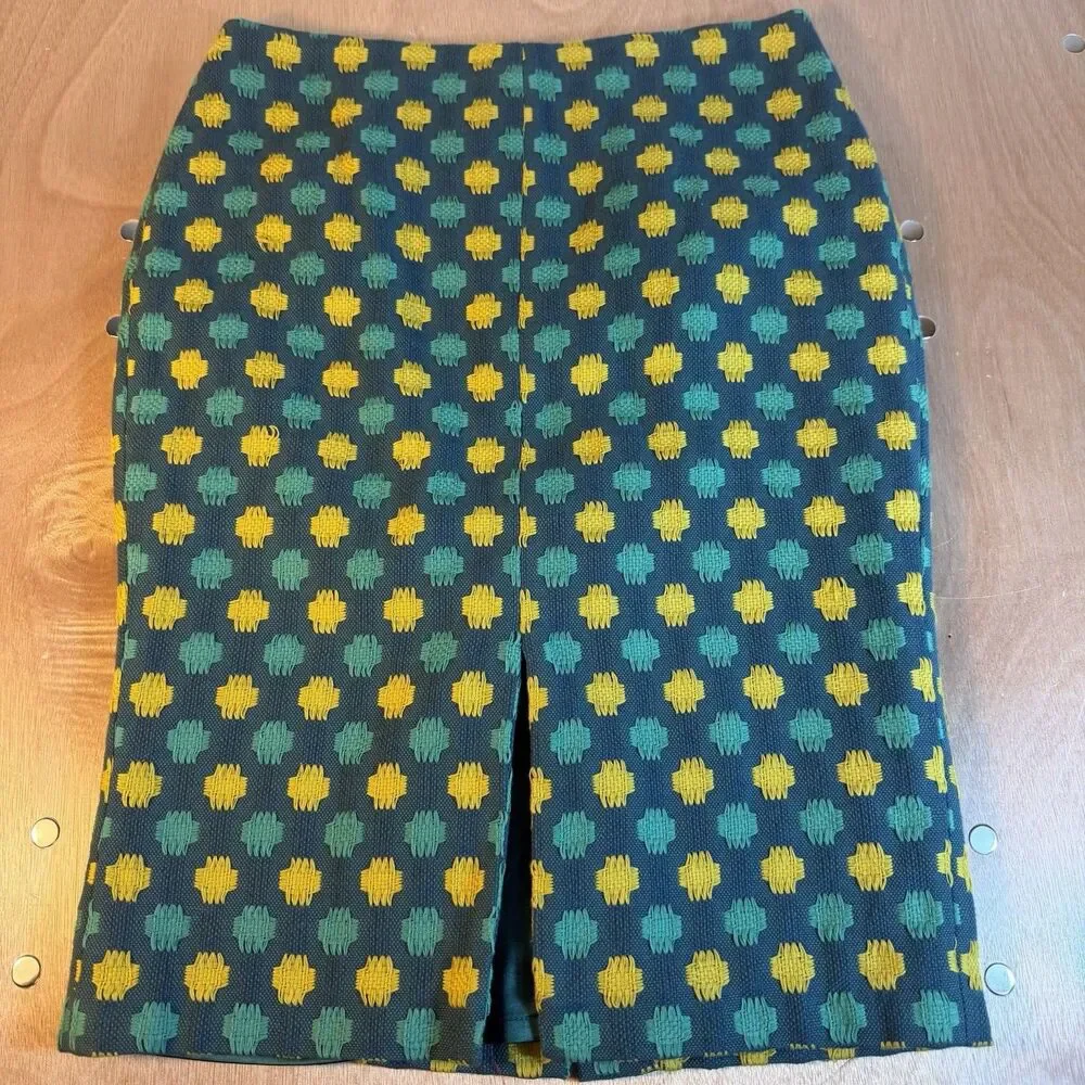 Boden Pencil Skirt 6R Green Yellow Textured Cotton Geometric Knit Slit Retro